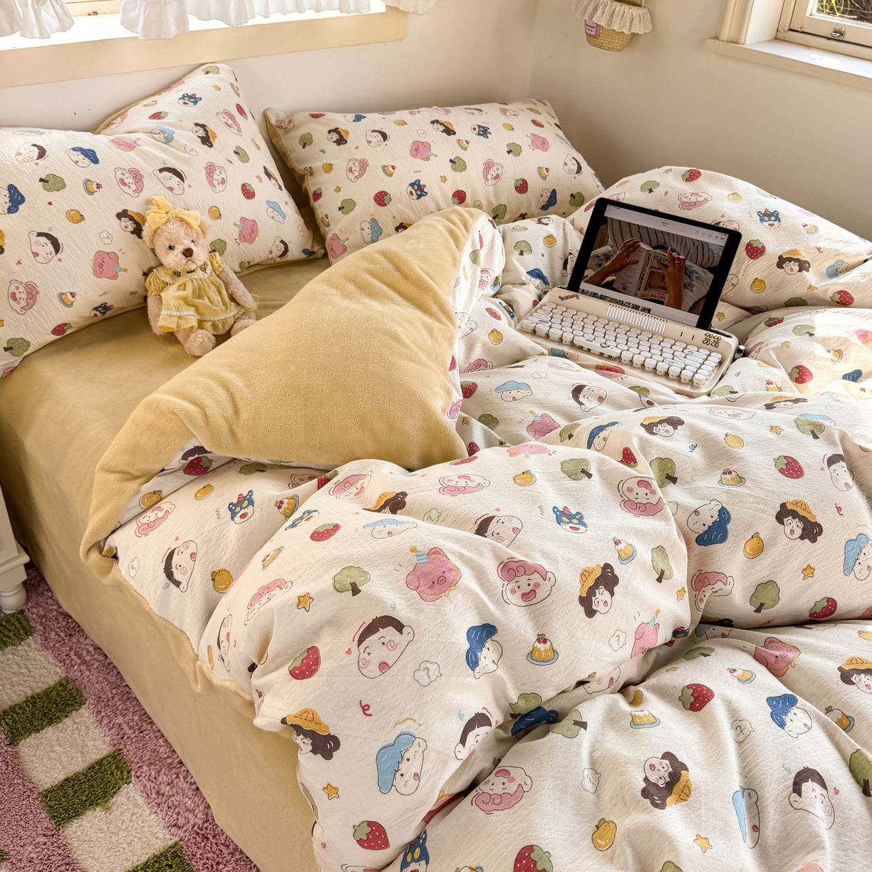 91家纺网 家纺一手货源 找家纺 多品家纺 2025新款云感双层纱高克重牛奶绒四件套 可爱新新