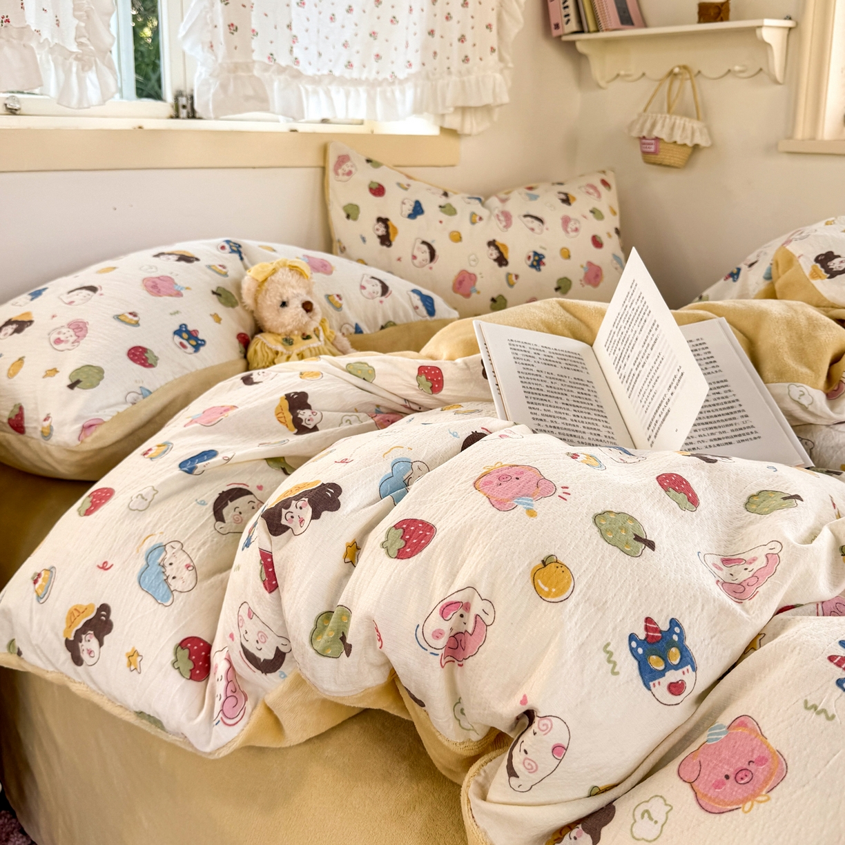 91家纺网 家纺一手货源 找家纺 多品家纺 2025新款云感双层纱高克重牛奶绒四件套 可爱新新