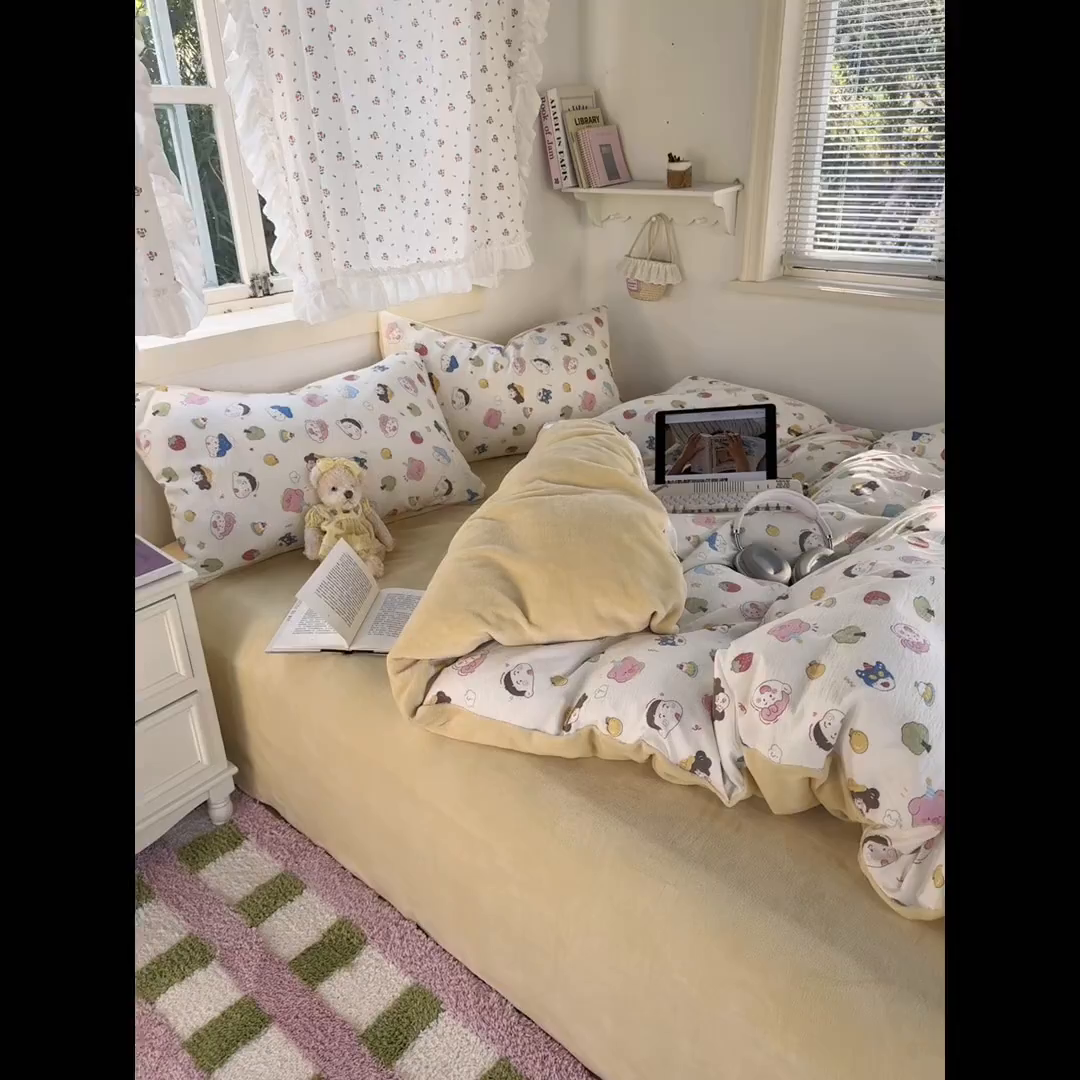 91家纺网 家纺一手货源 找家纺 多品家纺 2025新款云感双层纱高克重牛奶绒四件套 可爱新新
