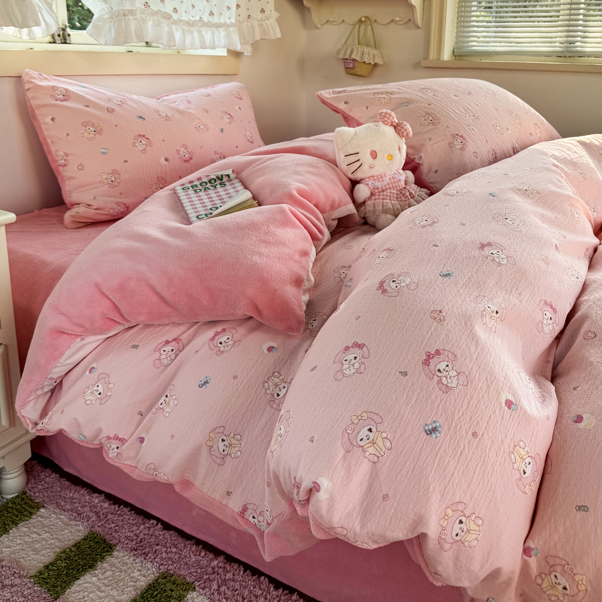 91家纺网 家纺一手货源 找家纺 多品家纺 2025新款云感双层纱高克重牛奶绒四件套 珍妮公主