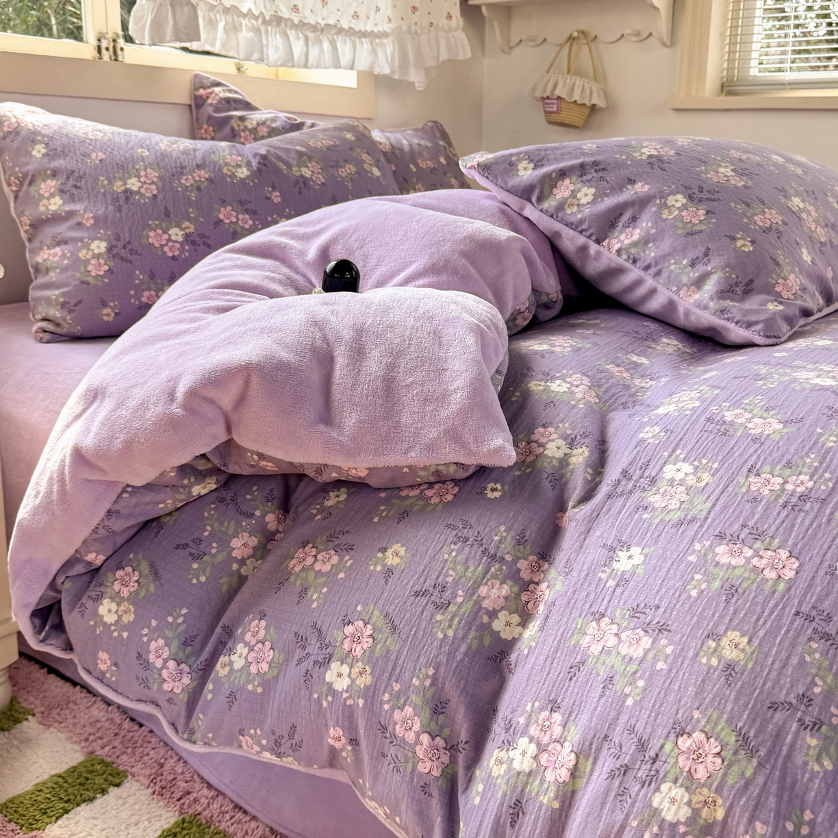 91家纺网 家纺一手货源 找家纺 多品家纺 2025新款云感双层纱高克重牛奶绒单被套 黛西紫