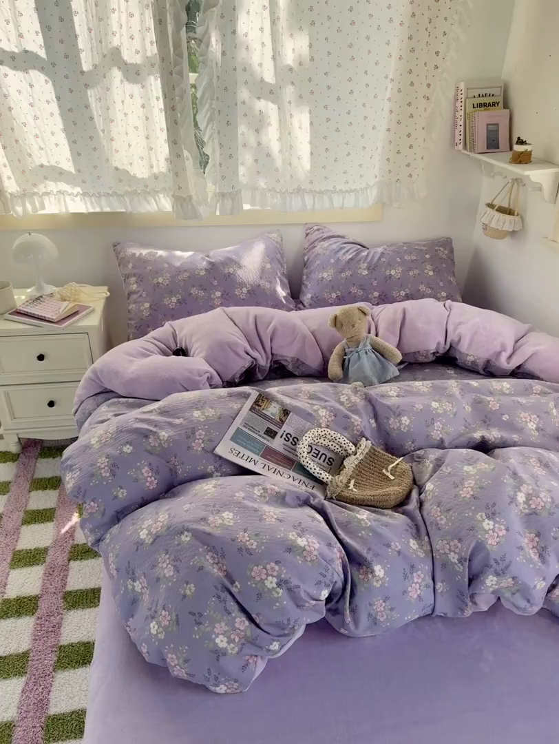 91家纺网 家纺一手货源 找家纺 多品家纺 2025新款云感双层纱高克重牛奶绒单被套 黛西紫