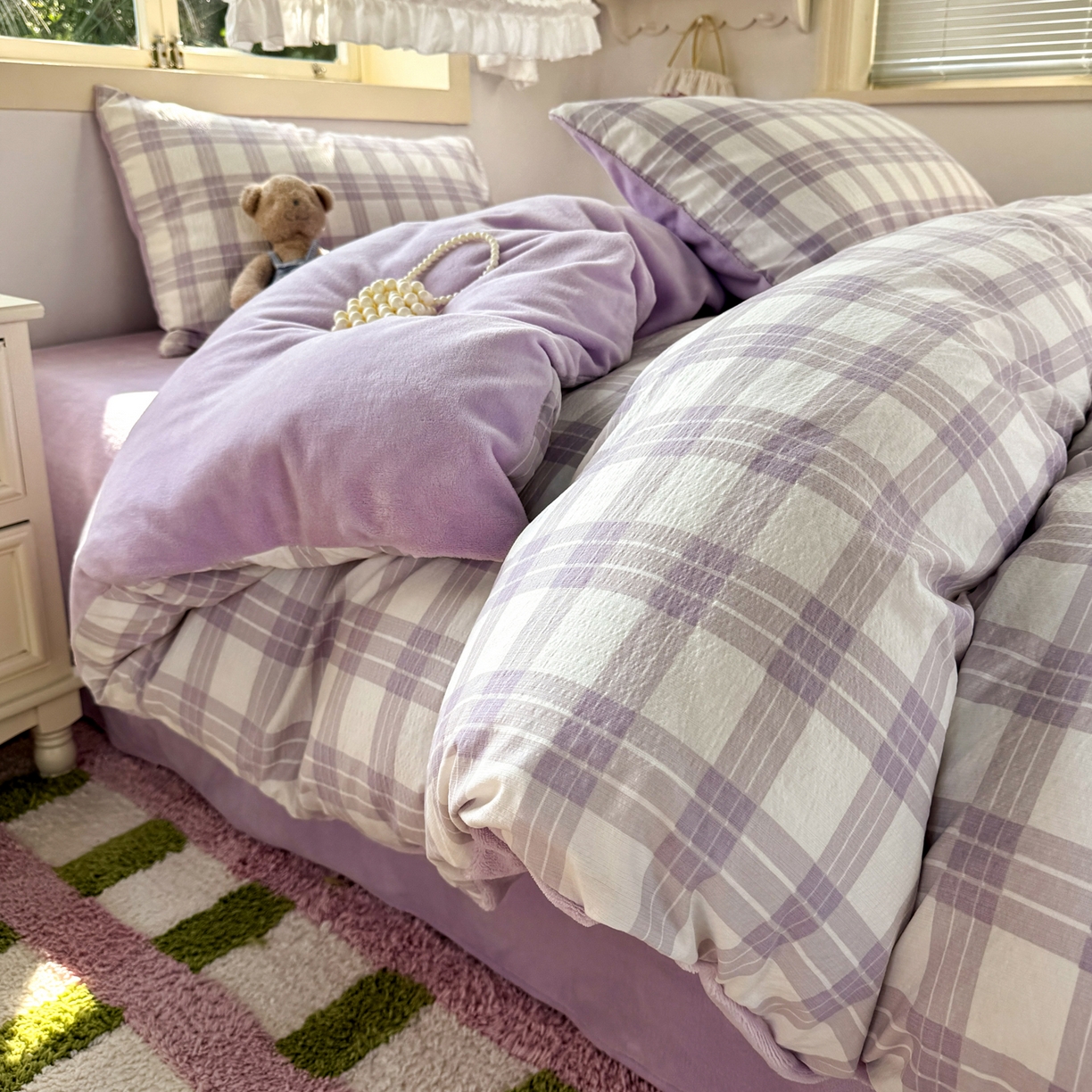 91家纺网 家纺一手货源 找家纺 多品家纺 2025新款云感双层纱高克重牛奶绒单被套 紫大格