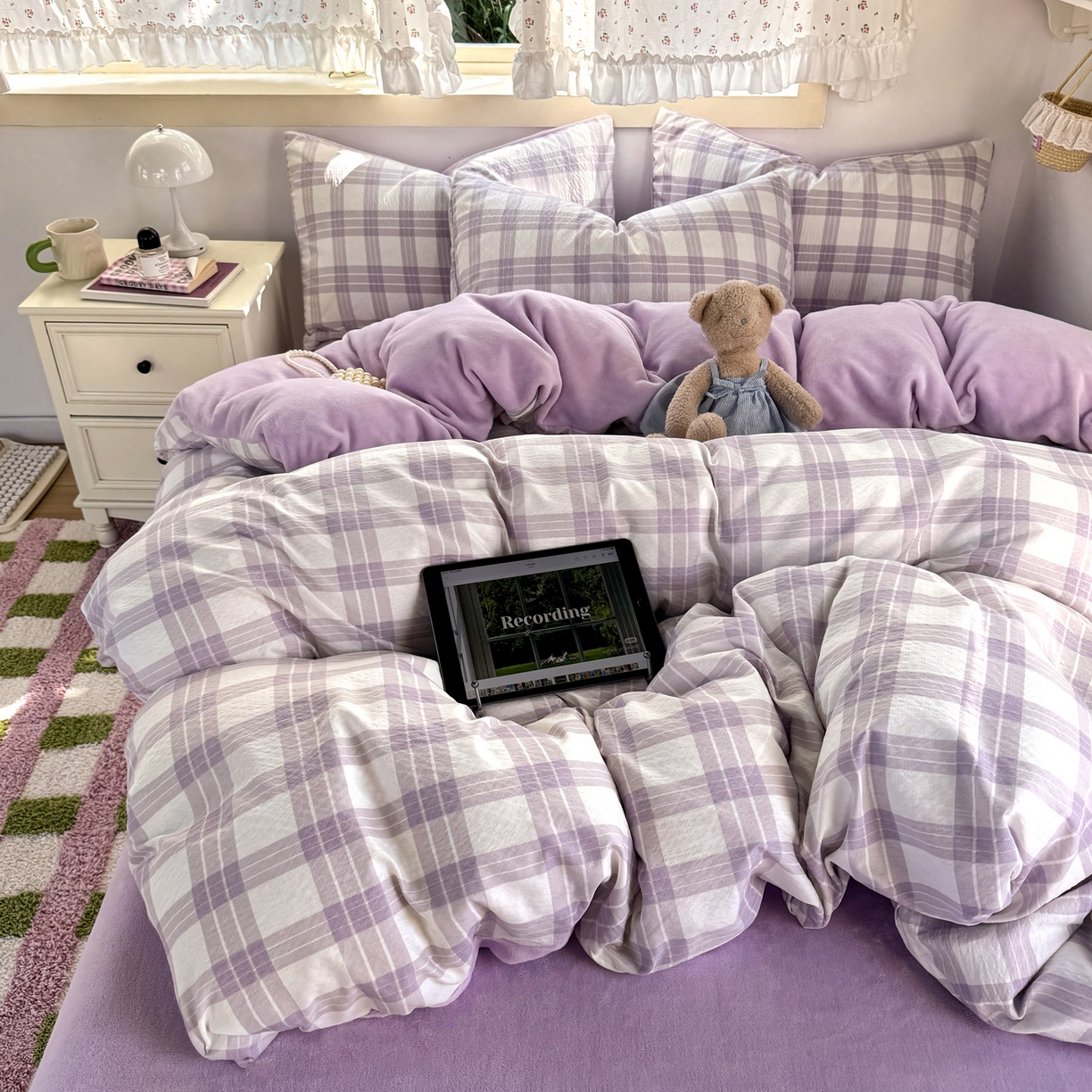 91家纺网 家纺一手货源 找家纺 多品家纺 2025新款云感双层纱高克重牛奶绒单被套 紫大格