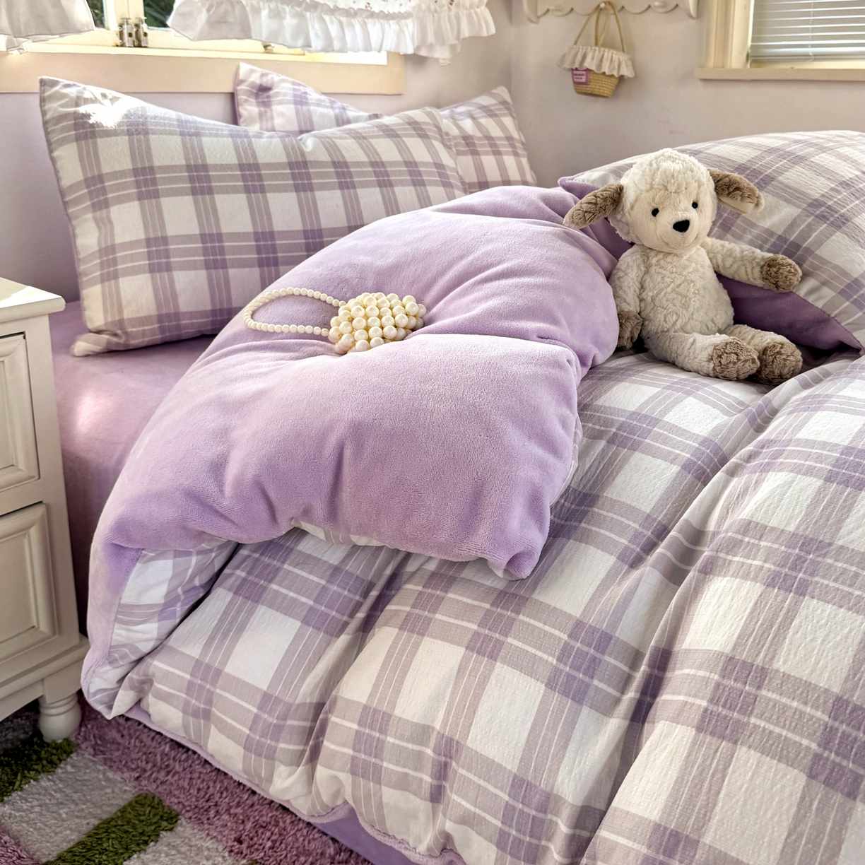 91家纺网 家纺一手货源 找家纺 多品家纺 2025新款云感双层纱高克重牛奶绒单被套 紫大格