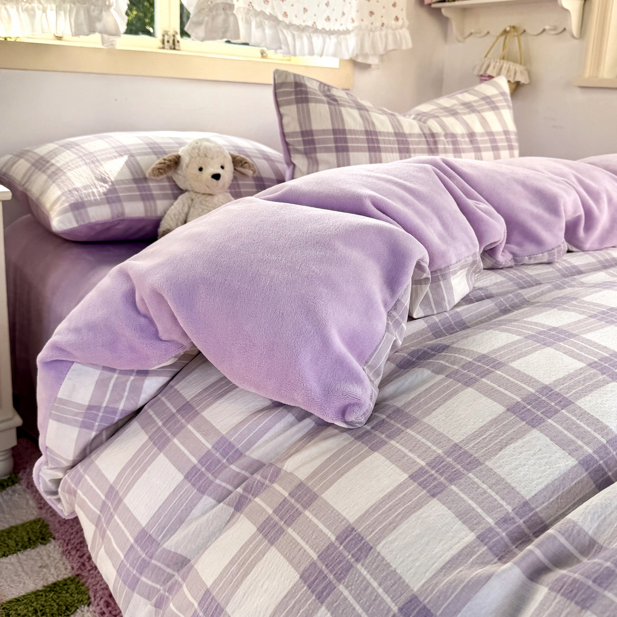 91家纺网 家纺一手货源 找家纺 多品家纺 2025新款云感双层纱高克重牛奶绒单被套 紫大格