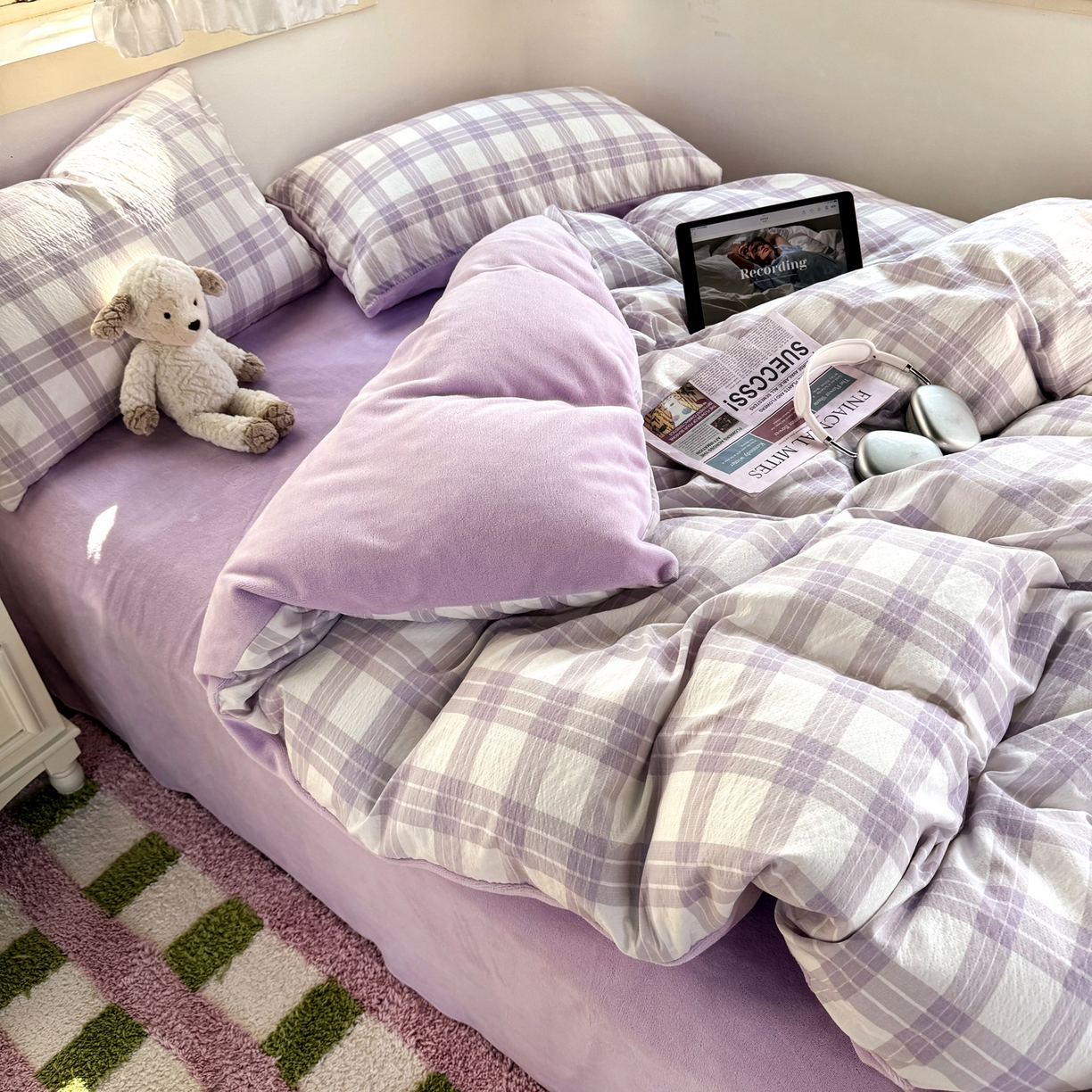 91家纺网 家纺一手货源 找家纺 多品家纺 2025新款云感双层纱高克重牛奶绒单被套 紫大格