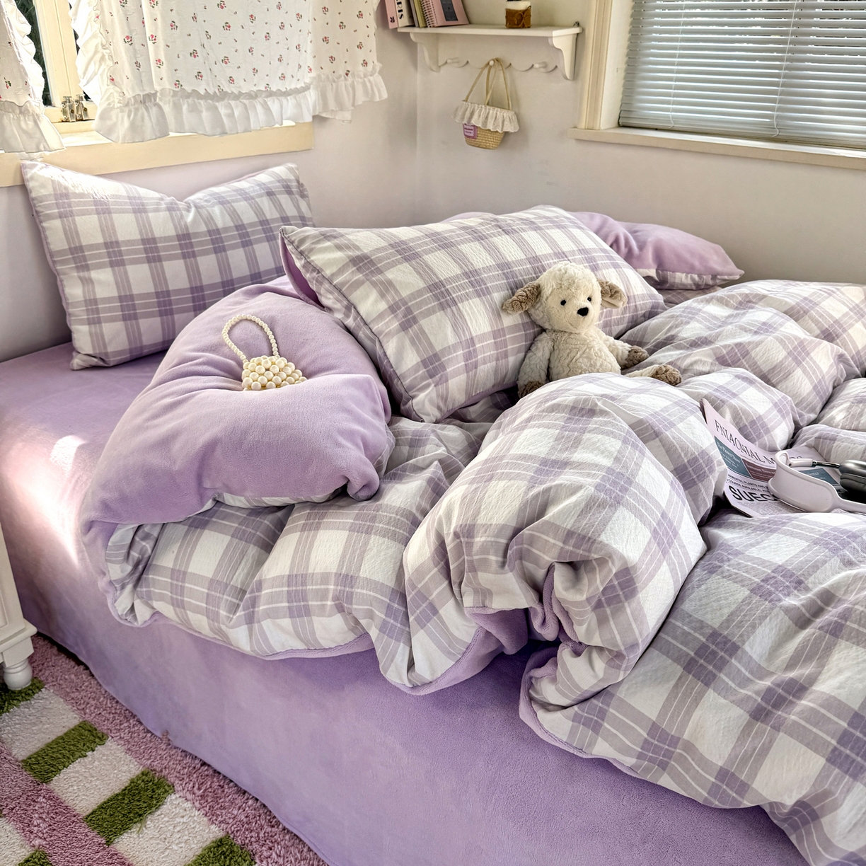 91家纺网 家纺一手货源 找家纺 多品家纺 2025新款云感双层纱高克重牛奶绒单被套 紫大格