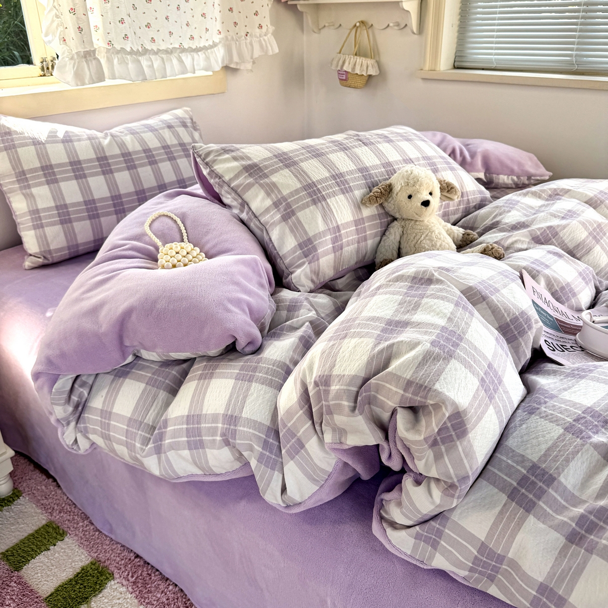 91家纺网 家纺一手货源 找家纺 多品家纺 2025新款云感双层纱高克重牛奶绒单被套 紫大格