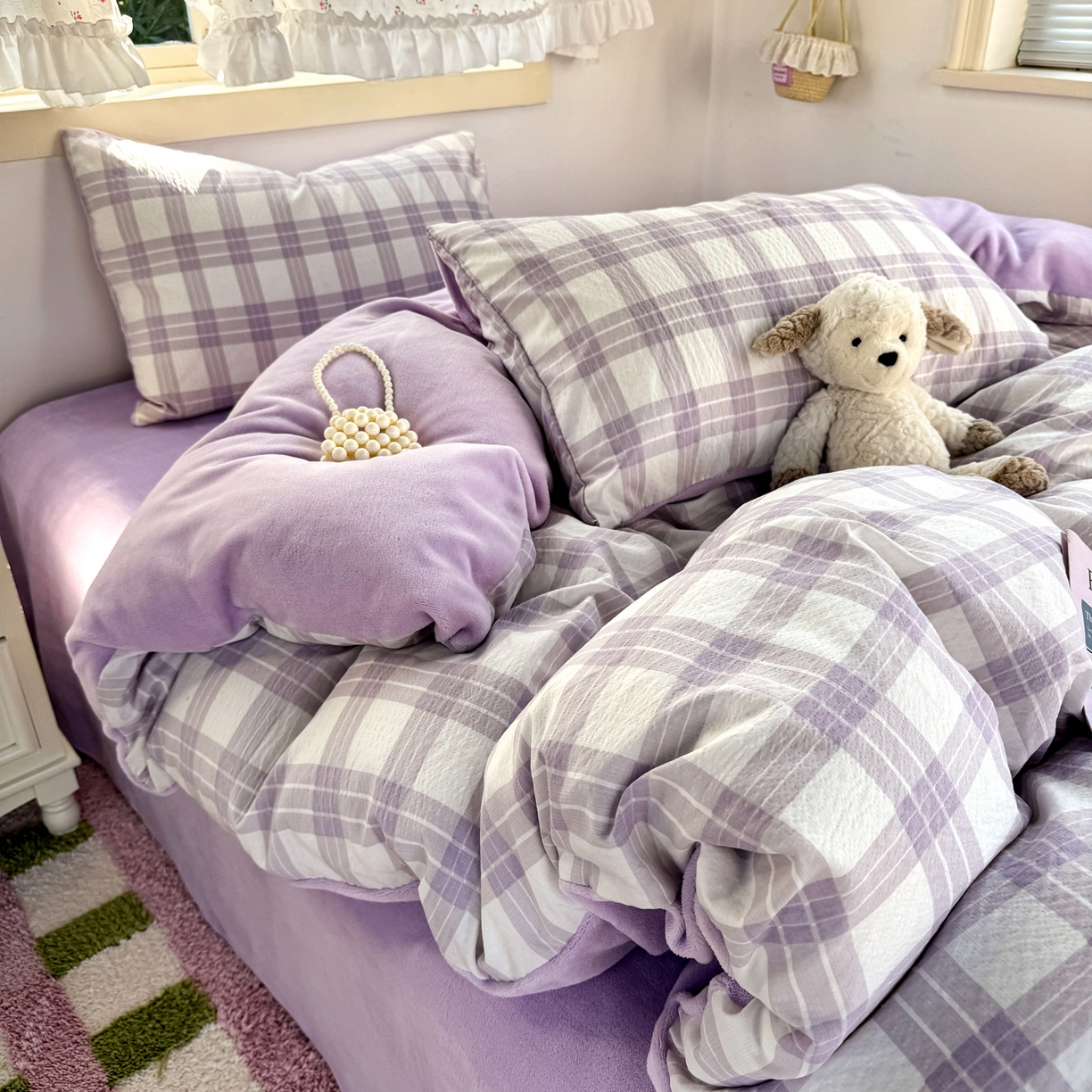 91家纺网 家纺一手货源 找家纺 多品家纺 2025新款云感双层纱高克重牛奶绒单被套 紫大格