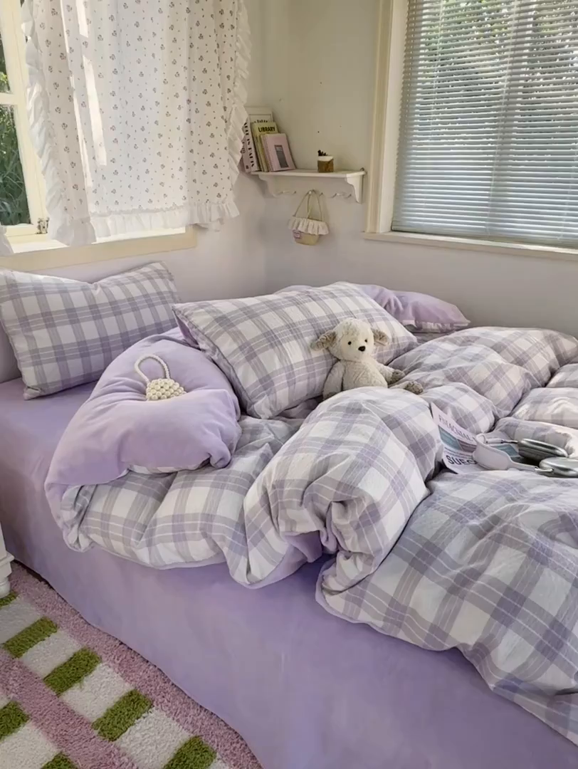 91家纺网 家纺一手货源 找家纺 多品家纺 2025新款云感双层纱高克重牛奶绒单被套 紫大格