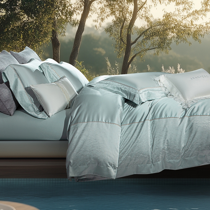 91家纺网 家纺一手货源 找家纺 诗黛尔 2025秋冬新款高精密提花长绒棉纯棉四件套-星光沐影 星光沐影-冰晶蓝