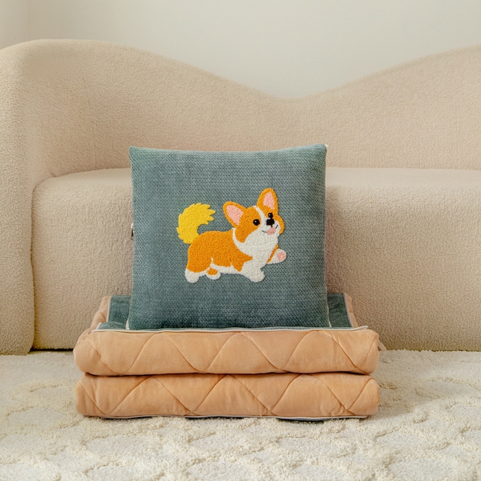 91家纺网 家纺一手货源 找家纺 新奇异 2025新款卡通毛巾绣抱枕被-冬季加厚水晶绒款可爱狗+萝卜兔系列 可爱狗-蓝色加绒加厚