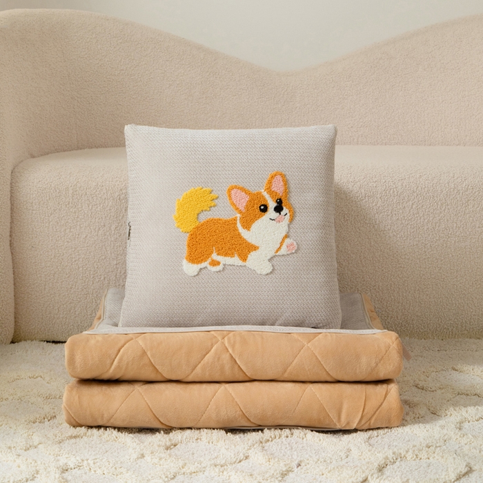 91家纺网 家纺一手货源 找家纺 新奇异 2025新款卡通毛巾绣抱枕被-冬季加厚水晶绒款可爱狗+萝卜兔系列 可爱狗-米色加绒加厚
