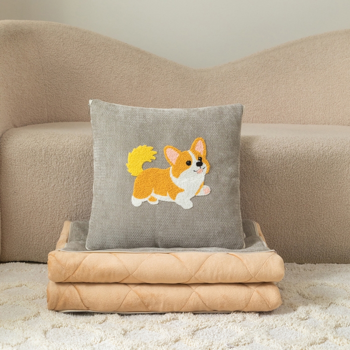 91家纺网 家纺一手货源 找家纺 新奇异 2025新款卡通毛巾绣抱枕被-冬季加厚水晶绒款可爱狗+萝卜兔系列 可爱狗-浅灰加绒加厚