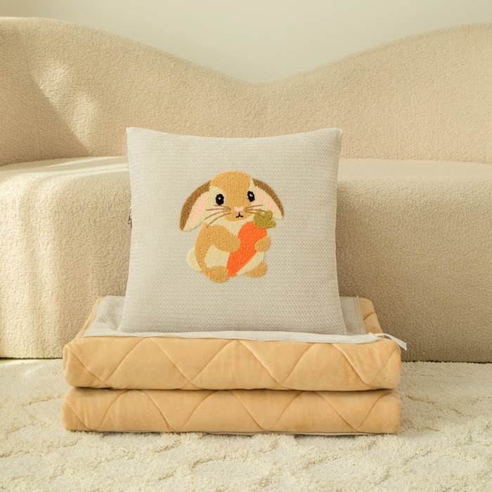 91家纺网 家纺一手货源 找家纺 新奇异 2025新款卡通毛巾绣抱枕被-冬季加厚水晶绒款可爱狗+萝卜兔系列 萝卜兔-米色加绒加厚