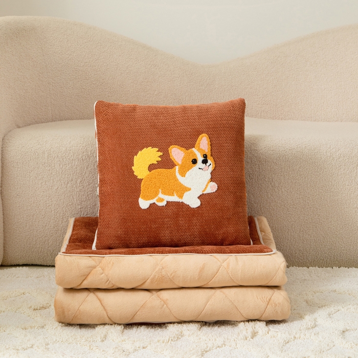 91家纺网 家纺一手货源 找家纺 新奇异 2025新款卡通毛巾绣抱枕被-冬季加厚水晶绒款可爱狗+萝卜兔系列 可爱狗-焦糖色加绒加厚