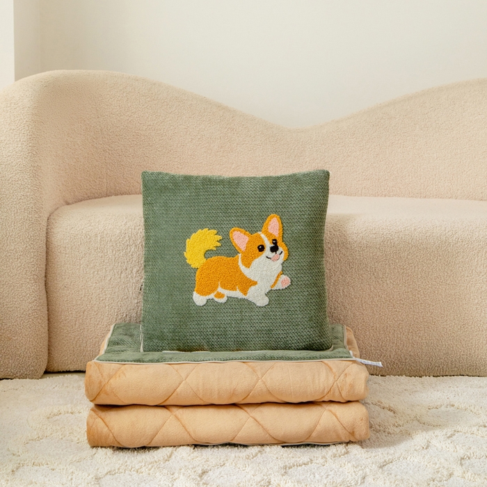 91家纺网 家纺一手货源 找家纺 新奇异 2025新款卡通毛巾绣抱枕被-冬季加厚水晶绒款可爱狗+萝卜兔系列 可爱狗-绿色加绒加厚
