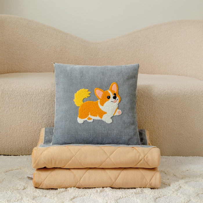 91家纺网 家纺一手货源 找家纺 新奇异 2025新款卡通毛巾绣抱枕被-冬季加厚水晶绒款可爱狗+萝卜兔系列 可爱狗-中灰加绒加厚
