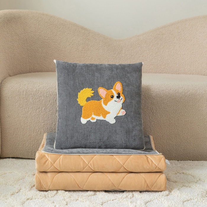 91家纺网 家纺一手货源 找家纺 新奇异 2025新款卡通毛巾绣抱枕被-冬季加厚水晶绒款可爱狗+萝卜兔系列 可爱狗-深灰加绒加厚