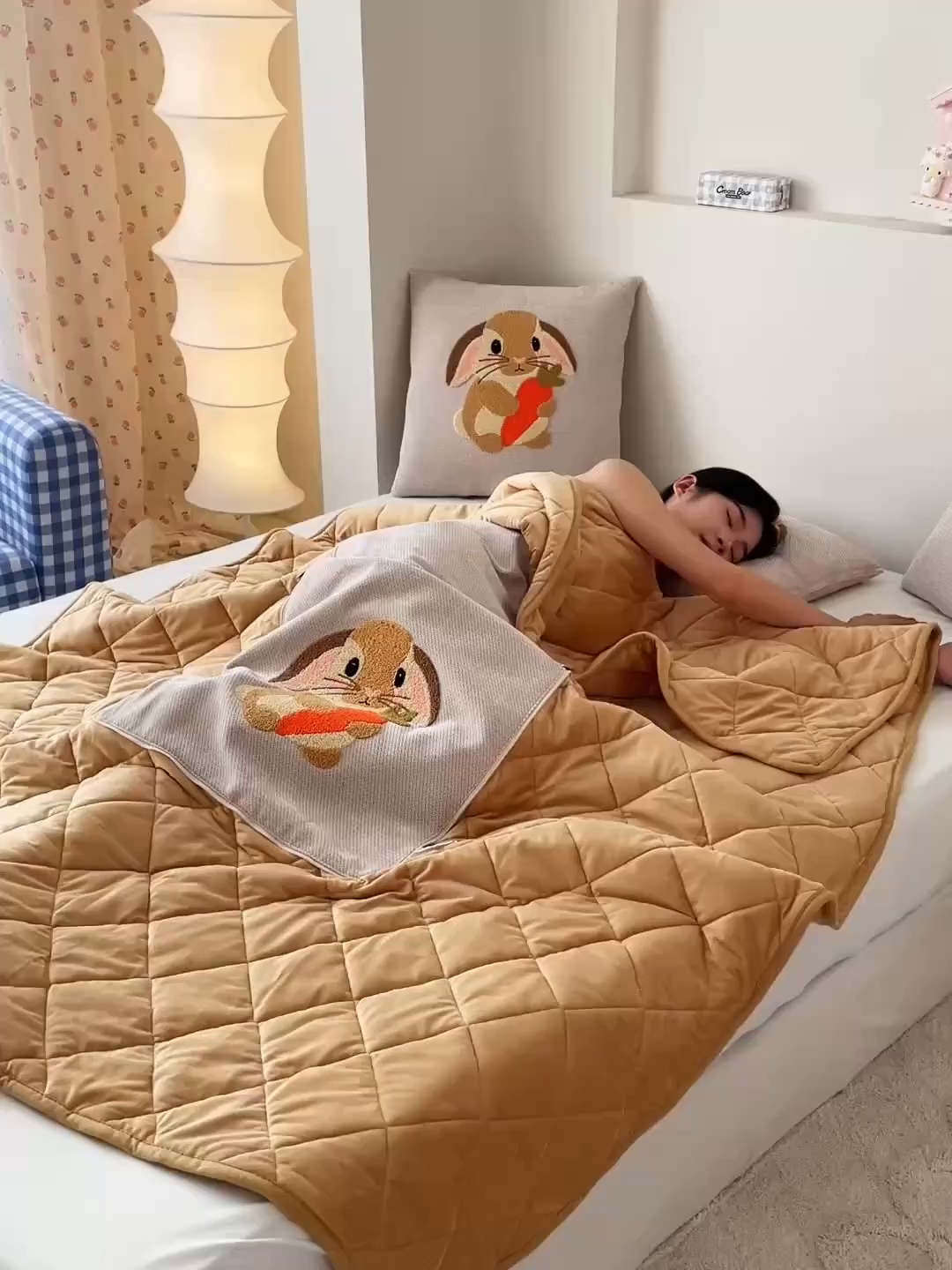 91家纺网 家纺一手货源 找家纺 新奇异 2025新款卡通毛巾绣抱枕被-冬季加厚水晶绒款可爱狗+萝卜兔系列 萝卜兔-米色加绒加厚