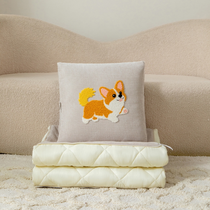 91家纺网 家纺一手货源 找家纺 新奇异 2025新款卡通毛巾绣抱枕被-四季通用磨毛款可爱狗+萝卜兔系列 可爱狗-米色四季款