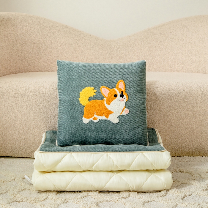 91家纺网 家纺一手货源 找家纺 新奇异 2025新款卡通毛巾绣抱枕被-四季通用磨毛款可爱狗+萝卜兔系列 可爱狗-蓝色四季款