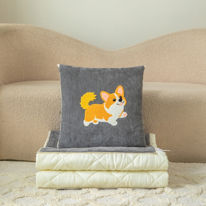 91家纺网 家纺一手货源 找家纺 新奇异 2025新款卡通毛巾绣抱枕被-四季通用磨毛款可爱狗+萝卜兔系列 可爱狗-深灰四季款