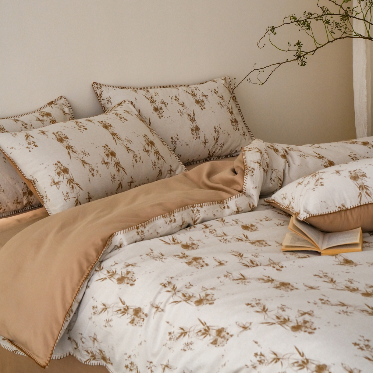 91家纺网 家纺一手货源 找家纺 卡巴伦家纺 2025新款棉麻色织一字针提花四件套（会员：-20元 控价：298元） 草木笙-咖