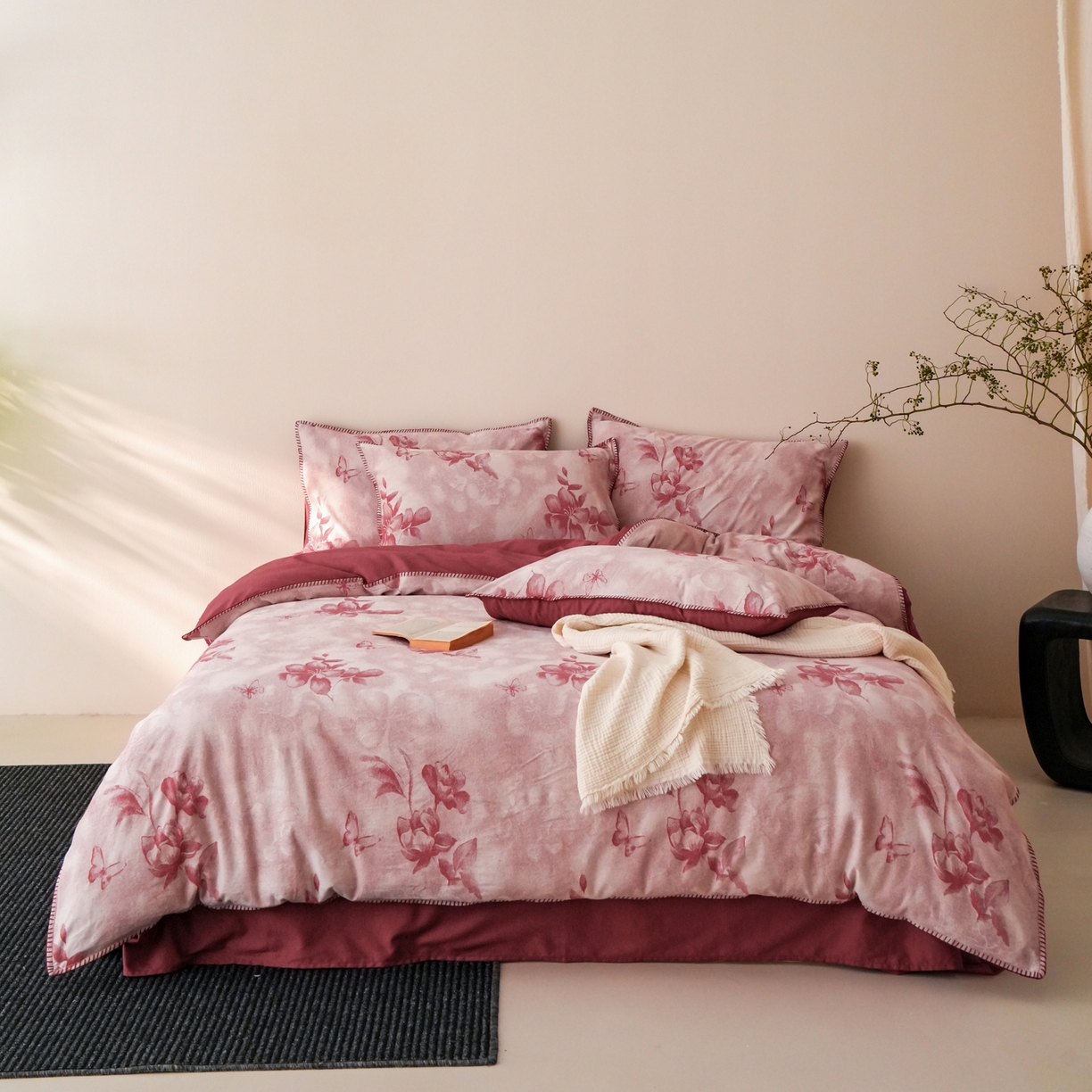 卡巴伦家纺 2025新款棉麻色织一字针提花四件套（会员：-20元 控价：298元） 芳叶红