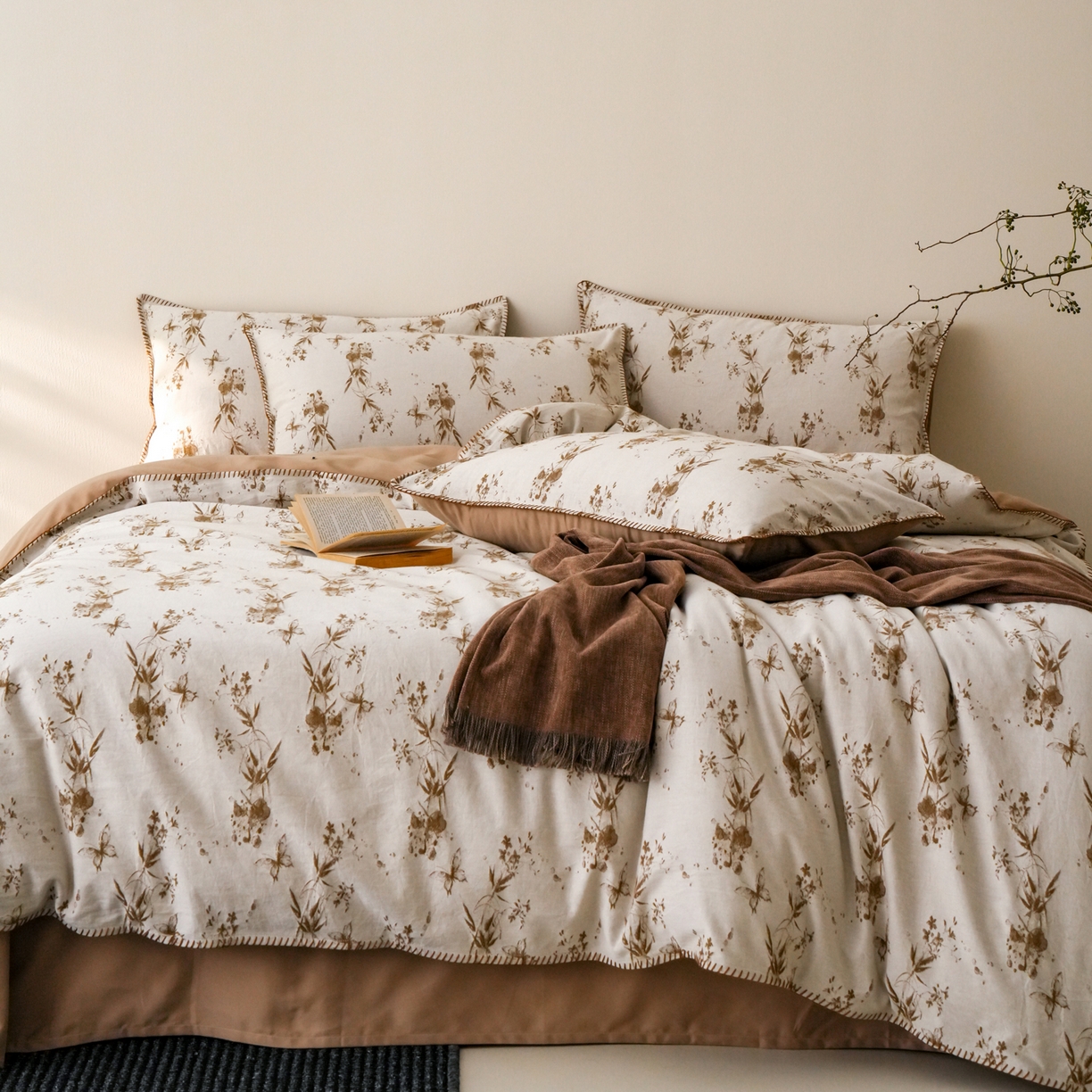 91家纺网 家纺一手货源 找家纺 卡巴伦家纺 2025新款棉麻色织一字针提花四件套（会员：-20元 控价：298元） 草木笙-咖