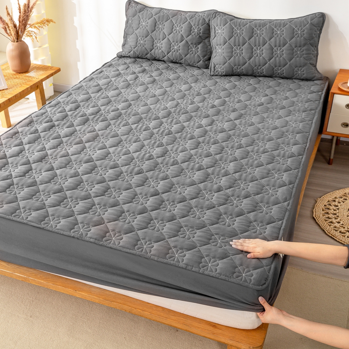 恬澳家纺 2025新款简约亲肤夹棉床笠-四叶草 四叶草-深灰