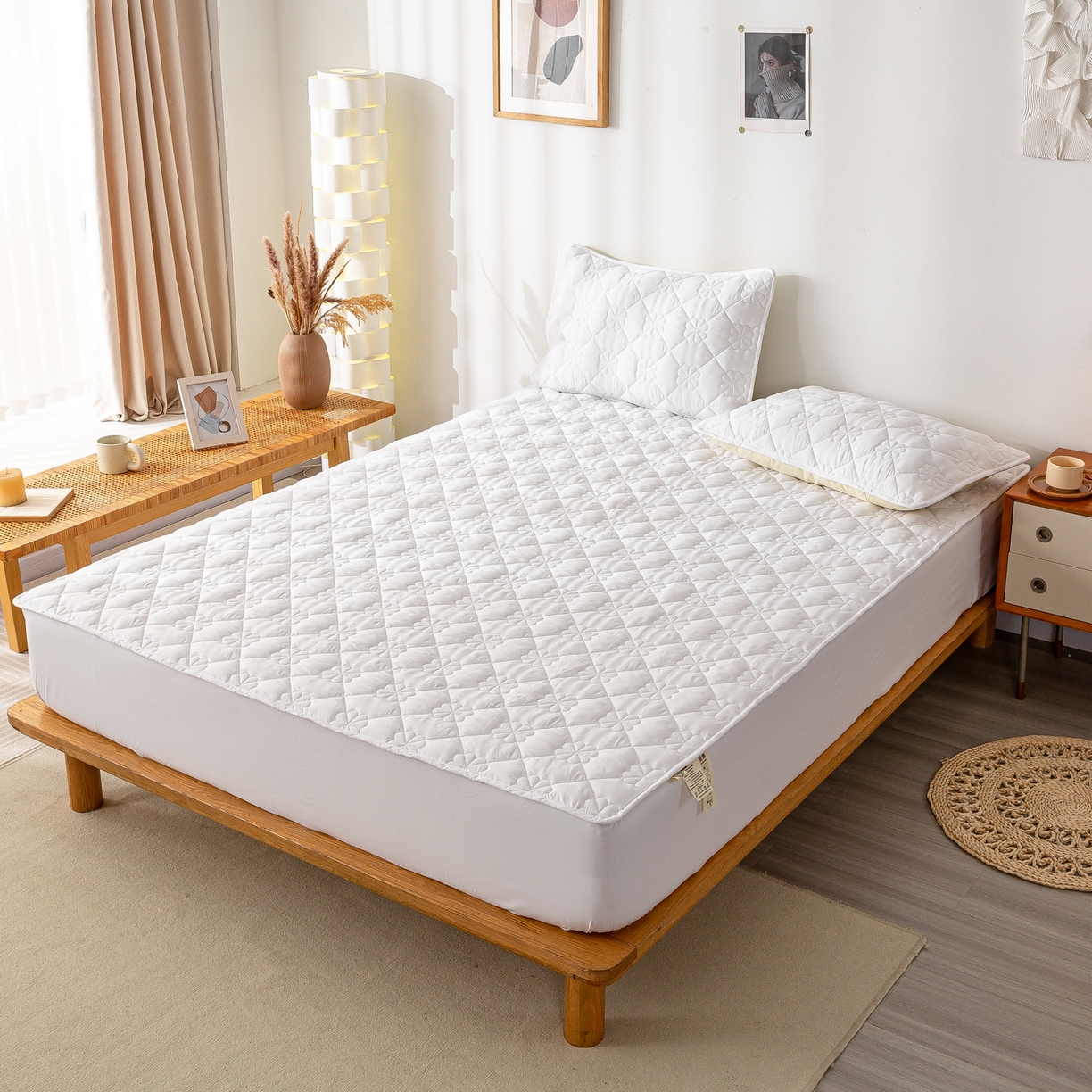 91家纺网 家纺一手货源 找家纺 恬澳家纺 2025新款简约亲肤夹棉床笠-四叶草 四叶草-本白