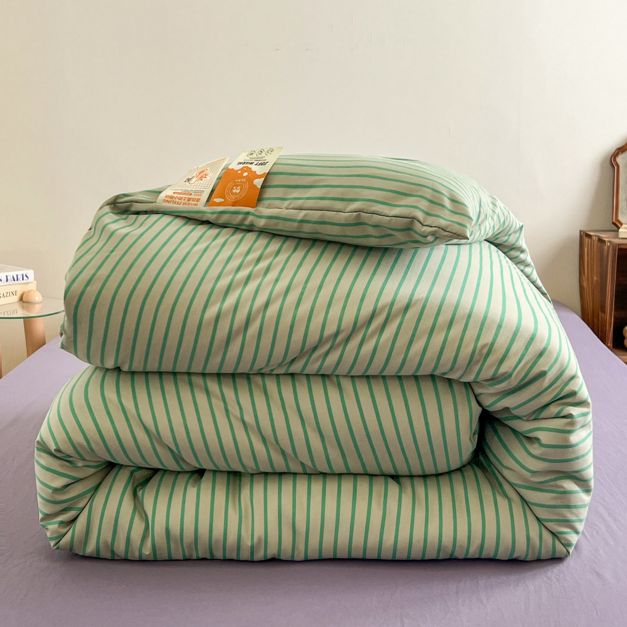 91家纺网 家纺一手货源 找家纺 优选良品 2025新款冬被水洗棉被子被芯 条纹绿+酱紫