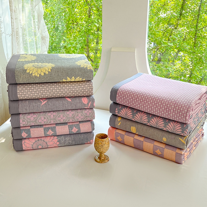 91家纺网 家纺一手货源 找家纺 （总）yyds网供 2025新款A类色织全棉三层纱布床盖三件套喷气夹棉盖毯夏被厚床单多功能榻榻米风格一