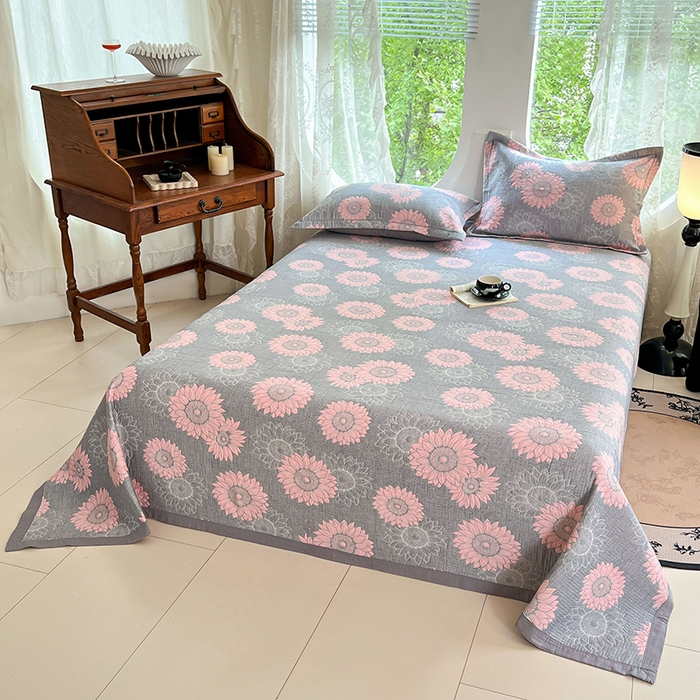 91家纺网 家纺一手货源 找家纺 yyds网供 2025新款A类色织全棉三层纱布床盖三件套喷气夹棉盖毯夏被厚床单多功能榻榻米风格一 暖阳灰粉