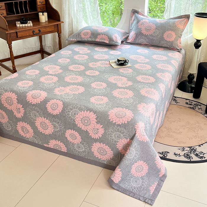 91家纺网 家纺一手货源 找家纺 yyds网供 2025新款A类色织全棉三层纱布床盖三件套喷气夹棉盖毯夏被厚床单多功能榻榻米风格一 暖阳灰粉