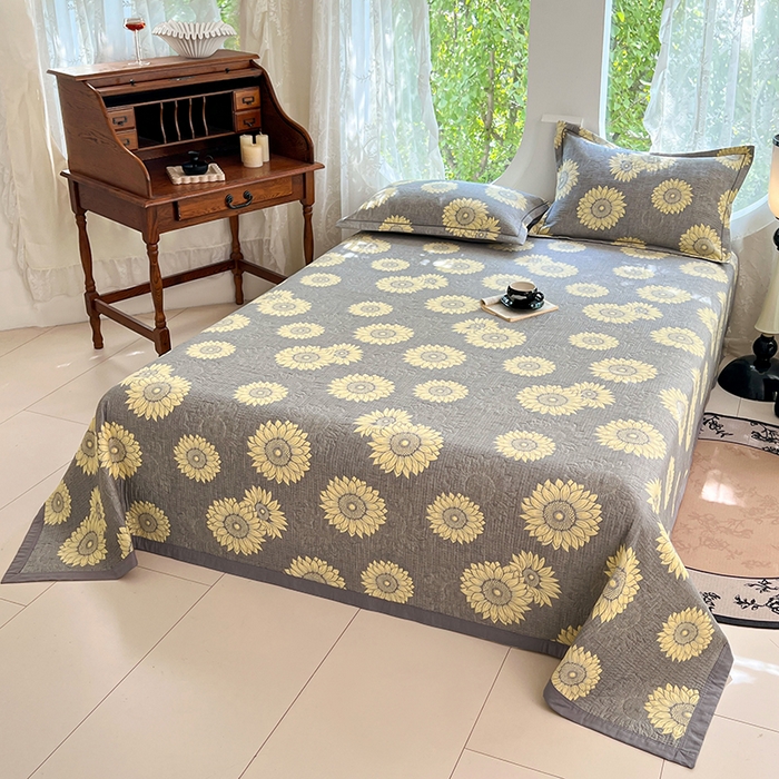 91家纺网 家纺一手货源 找家纺 yyds网供 2025新款A类色织全棉三层纱布床盖三件套喷气夹棉盖毯夏被厚床单多功能榻榻米风格一 暖阳灰黄