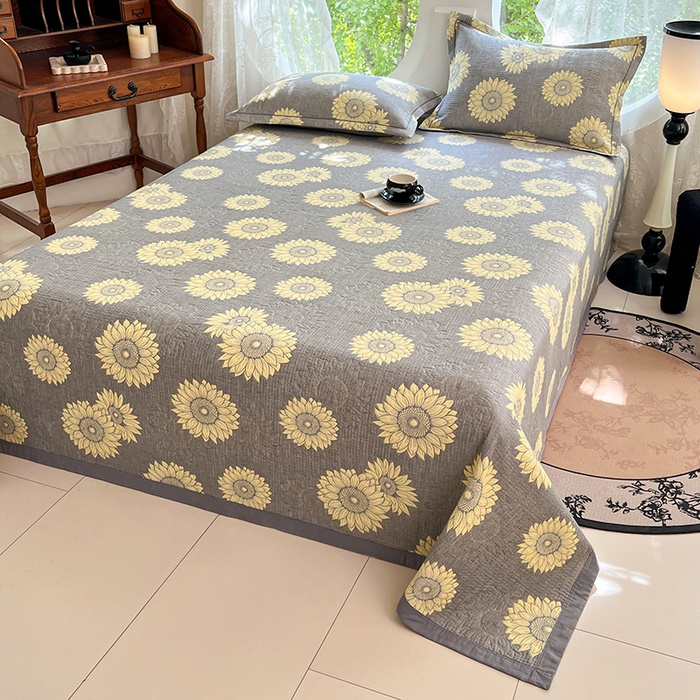 91家纺网 家纺一手货源 找家纺 yyds网供 2025新款A类色织全棉三层纱布床盖三件套喷气夹棉盖毯夏被厚床单多功能榻榻米风格一 暖阳灰黄