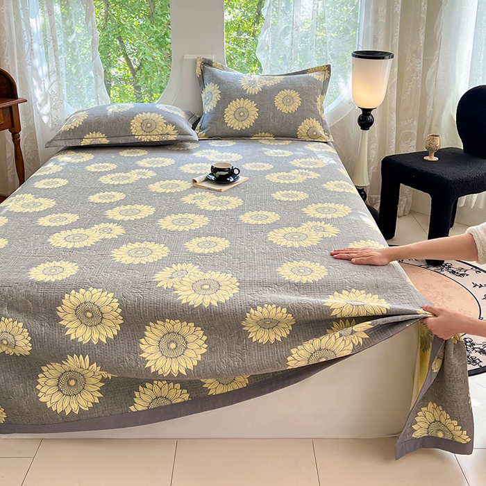 91家纺网 家纺一手货源 找家纺 yyds网供 2025新款A类色织全棉三层纱布床盖三件套喷气夹棉盖毯夏被厚床单多功能榻榻米风格一 暖阳灰黄