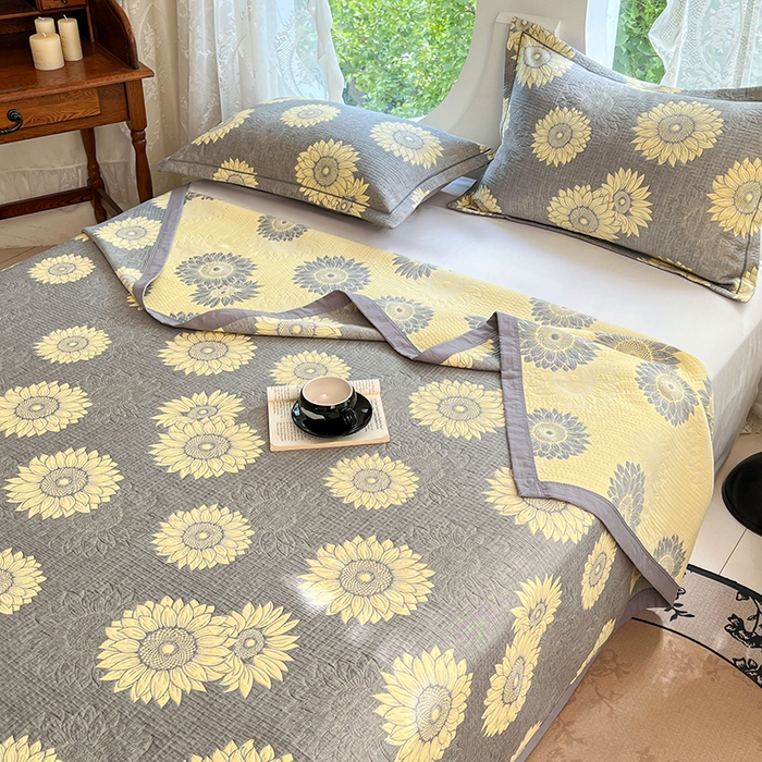 91家纺网 家纺一手货源 找家纺 yyds网供 2025新款A类色织全棉三层纱布床盖三件套喷气夹棉盖毯夏被厚床单多功能榻榻米风格一 暖阳灰黄