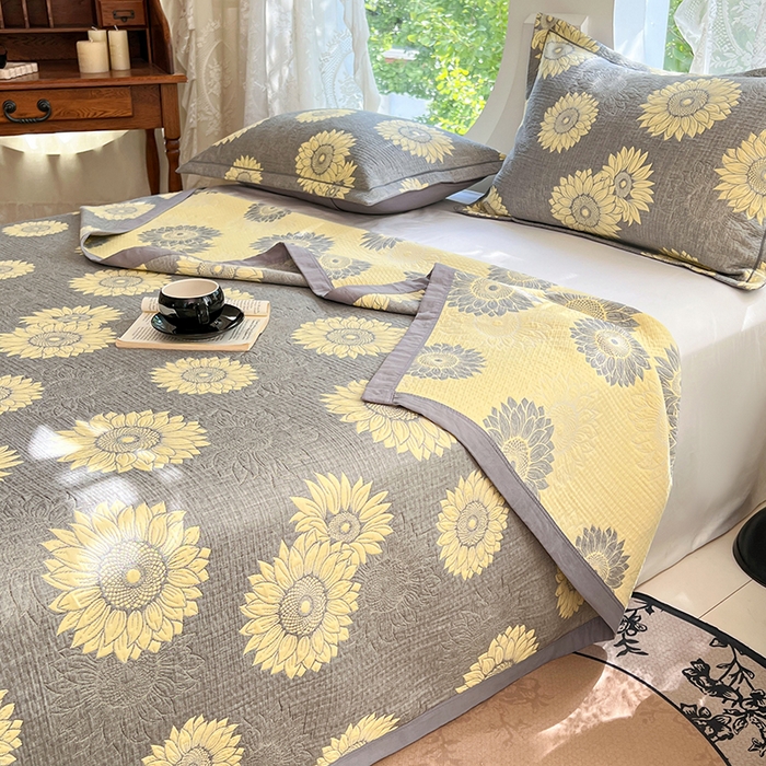 91家纺网 家纺一手货源 找家纺 yyds网供 2025新款A类色织全棉三层纱布床盖三件套喷气夹棉盖毯夏被厚床单多功能榻榻米风格一 暖阳灰黄