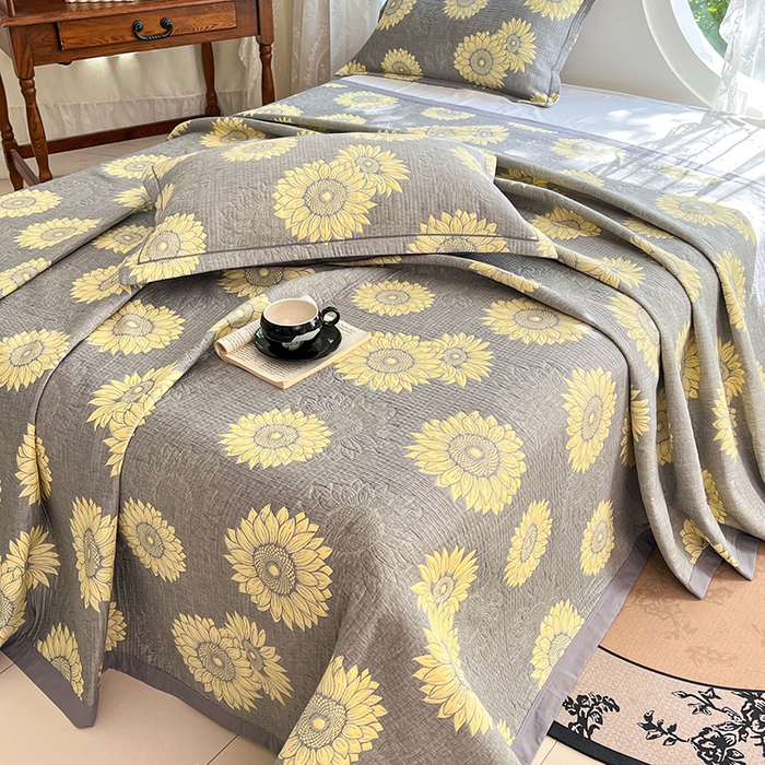 91家纺网 家纺一手货源 找家纺 yyds网供 2025新款A类色织全棉三层纱布床盖三件套喷气夹棉盖毯夏被厚床单多功能榻榻米风格一 暖阳灰黄