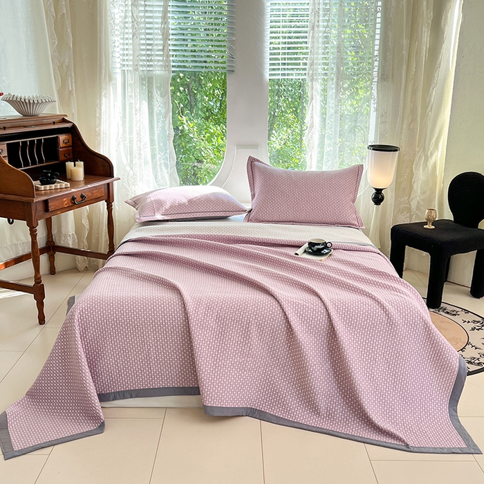 91家纺网 家纺一手货源 找家纺 yyds网供 2025新款A类色织全棉三层纱布床盖三件套喷气夹棉盖毯夏被厚床单多功能榻榻米风格一 星光点点紫