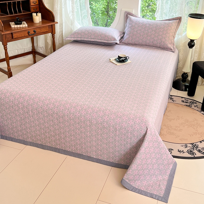 91家纺网 家纺一手货源 找家纺 yyds网供 2025新款A类色织全棉三层纱布床盖三件套喷气夹棉盖毯夏被厚床单多功能榻榻米风格一 幸运花灰粉