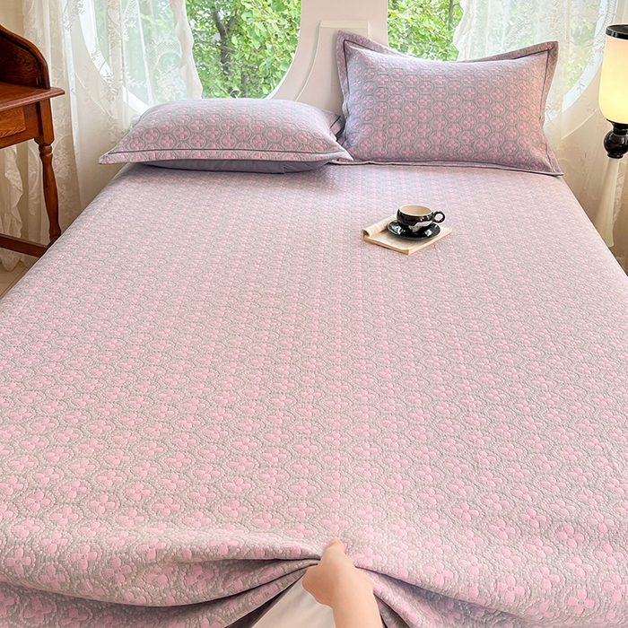 91家纺网 家纺一手货源 找家纺 yyds网供 2025新款A类色织全棉三层纱布床盖三件套喷气夹棉盖毯夏被厚床单多功能榻榻米风格一 幸运花灰粉