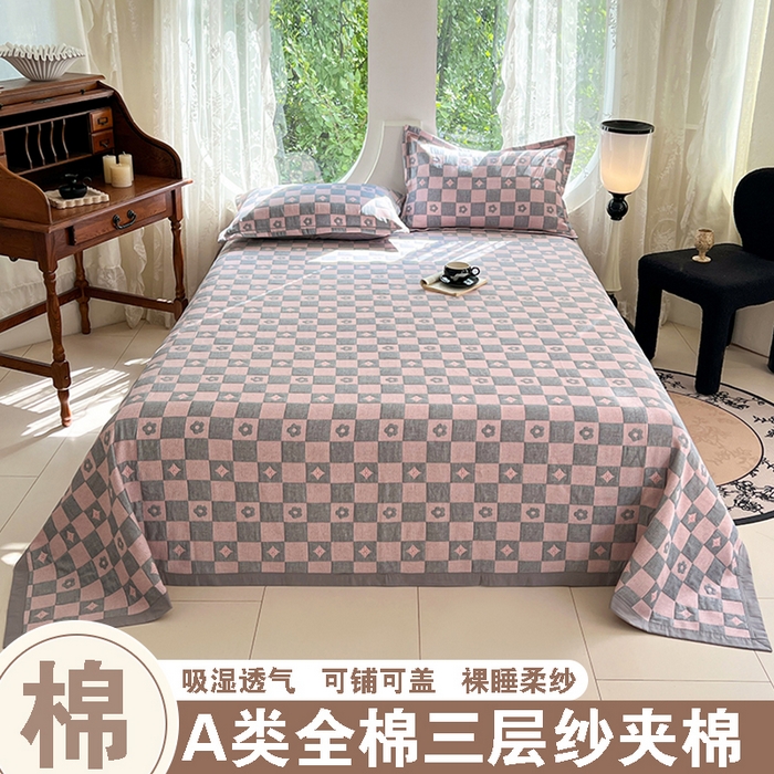 91家纺网 家纺一手货源 找家纺 （总）yyds网供 2025新款A类色织全棉三层纱布床盖三件套喷气夹棉盖毯夏被厚床单多功能榻榻米风格二