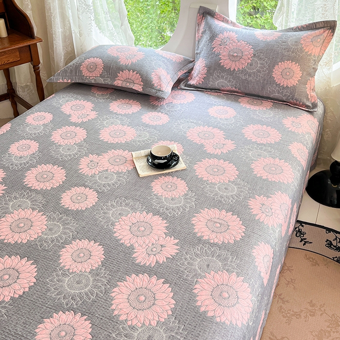 91家纺网 家纺一手货源 找家纺 yyds网供 2025新款A类色织全棉三层纱布床盖三件套喷气夹棉盖毯夏被厚床单多功能榻榻米风格二 暖阳灰粉