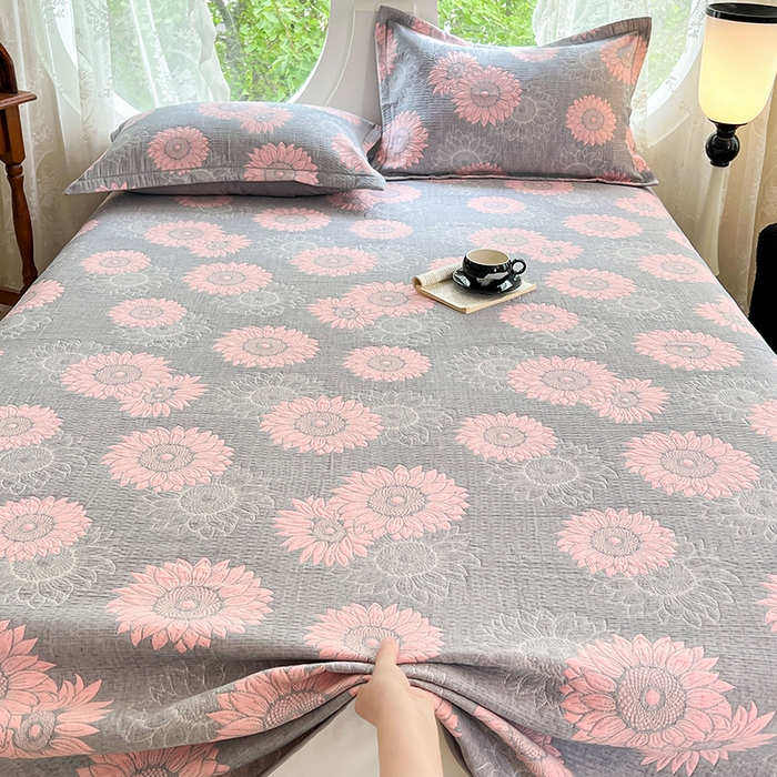 91家纺网 家纺一手货源 找家纺 yyds网供 2025新款A类色织全棉三层纱布床盖三件套喷气夹棉盖毯夏被厚床单多功能榻榻米风格二 暖阳灰粉