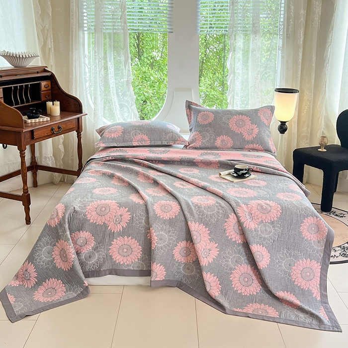 91家纺网 家纺一手货源 找家纺 yyds网供 2025新款A类色织全棉三层纱布床盖三件套喷气夹棉盖毯夏被厚床单多功能榻榻米风格二 暖阳灰粉